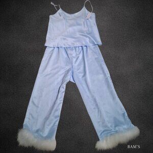 Lilac + London Ice Blue Satin Feather Trim Pajama Set | Size L | NWT Glam Lounge